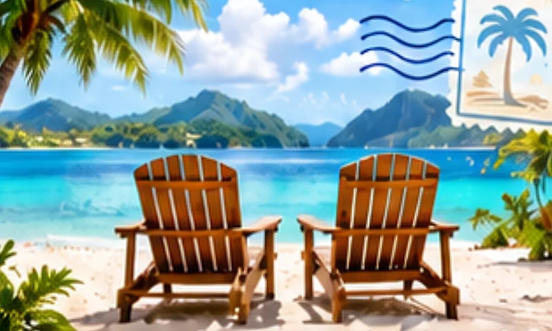 Two wooden beach chairs facing a tropical bay.