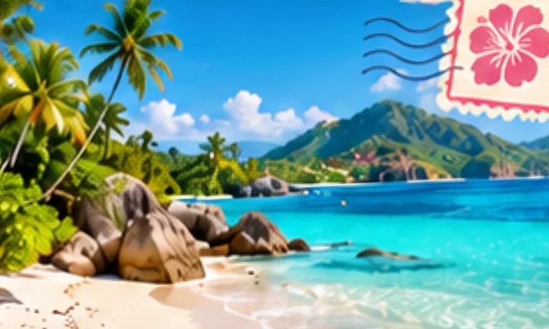 A tropical beach with palm trees, boulders and clear water.