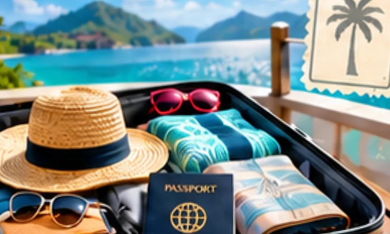 A packed suitcase with a sun hat, sunglasses and a passport.