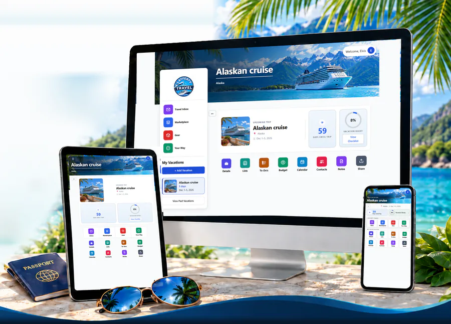 The Lafferty Travel app open on a desktop computer, a tablet and a phone, beside a passport and sunglasses, with mountains and a tropical bay behind.