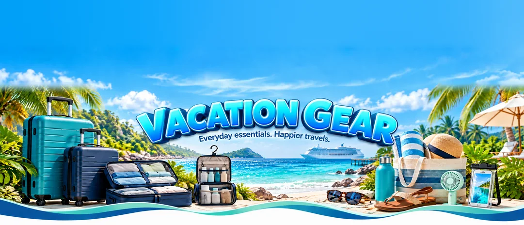 Hard-shell suitcases, packing cubes, a hanging toiletry bag, sunglasses, a water bottle, a striped beach tote, sandals, a mini fan and a waterproof phone pouch on a tropical beach, with a cruise ship offshore.