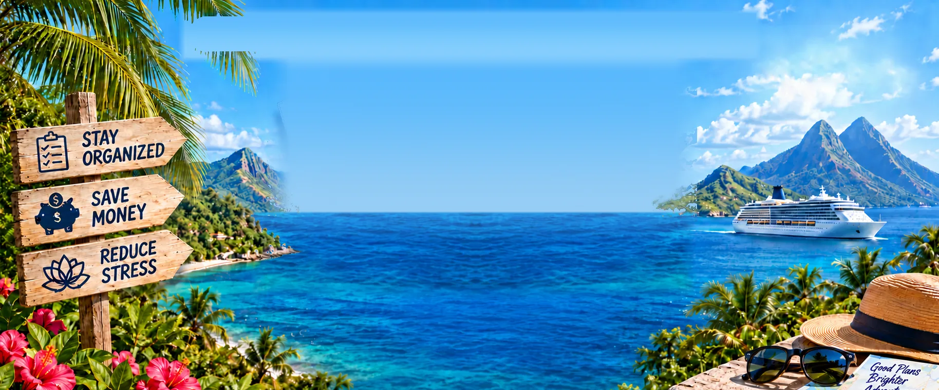 A tropical bay with palm trees, wooden signs reading Stay Organized, Save Money and Reduce Stress, mountains and a cruise ship.