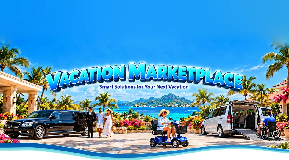 A tropical resort driveway by the sea: a chauffeur beside a black limousine, a couple walking, a woman on a mobility scooter and a man in a wheelchair at an accessible van with a ramp.