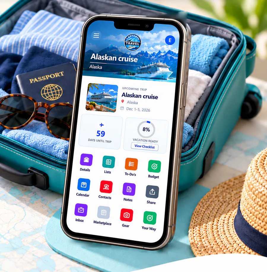 An open suitcase with clothes, a passport and sunglasses on a map, beside a phone showing the Lafferty Travel app for an Alaskan cruise.