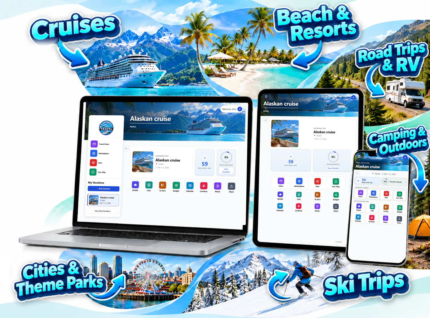 The Lafferty Travel app open on a laptop, a tablet and a phone, surrounded by vacation scenes: cruises, beaches and resorts, road trips and RVs, camping and the outdoors, cities and theme parks, and ski trips.
