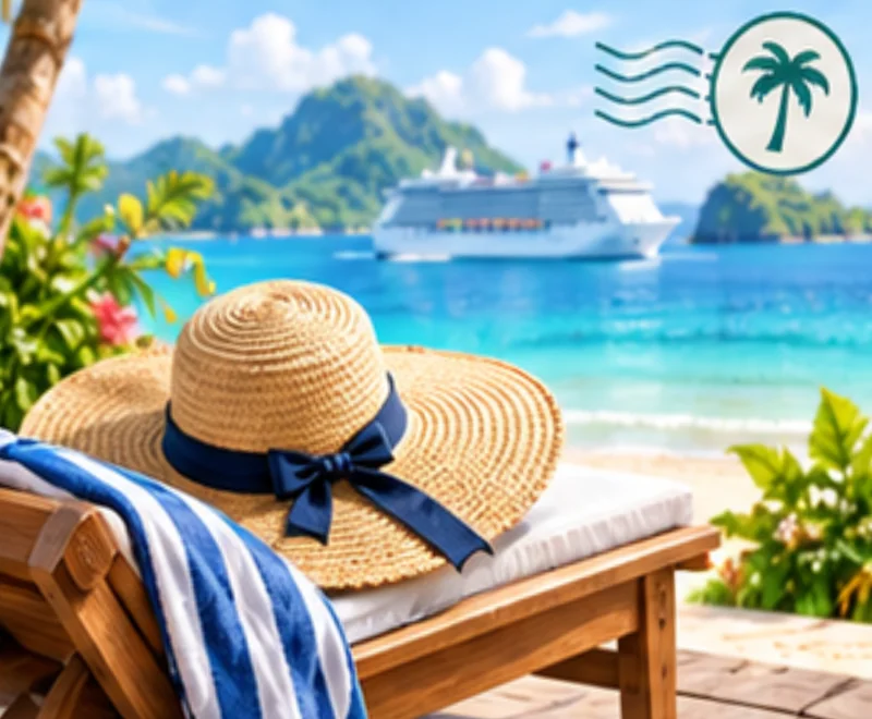 A sun hat and striped towel on a lounger with a cruise ship offshore.