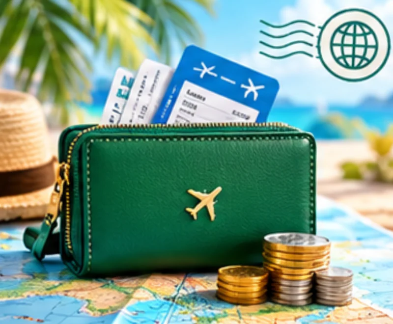 A green travel wallet with boarding passes and coins on a map.