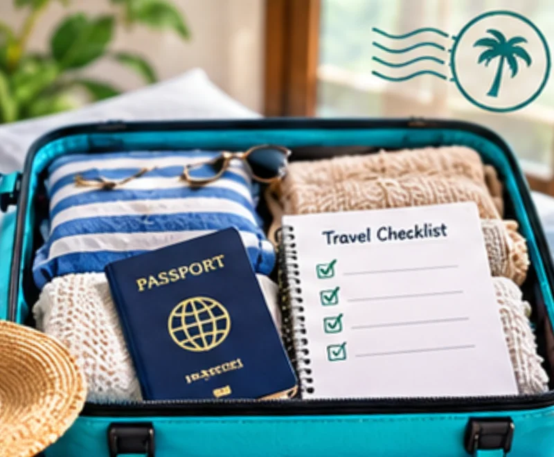 An open suitcase with folded clothes, a passport and a travel checklist.
