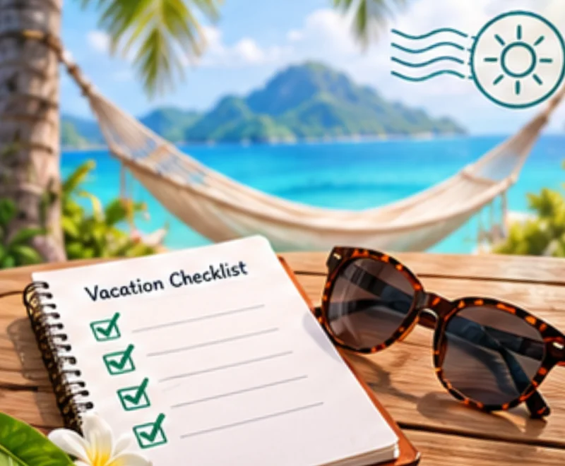 A vacation checklist and sunglasses on a table beside a hammock by the sea.