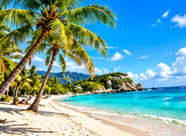 Palm trees leaning over a white-sand beach and clear water.