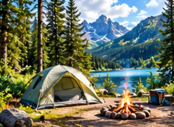 A tent and campfire in a pine forest beside a mountain lake.