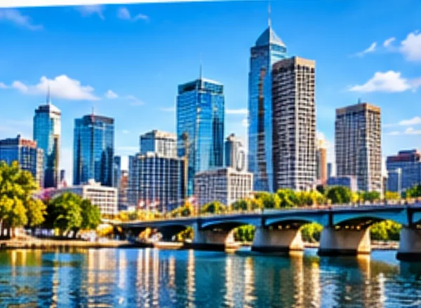 A city skyline of glass towers beside a river and bridge.