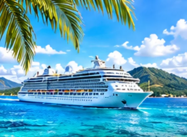 A white cruise ship on turquoise water near green hills.