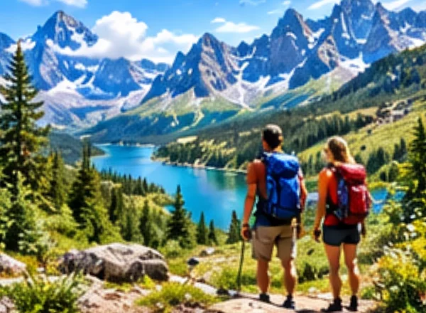 Two hikers with backpacks looking over a mountain valley and lake.