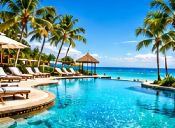 A resort infinity pool lined with palms and loungers by the sea.