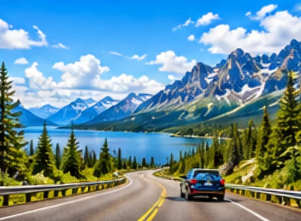 A car on a winding road beside a mountain lake.