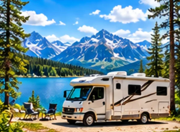 A motorhome parked at a lakeside campsite below snowy peaks.