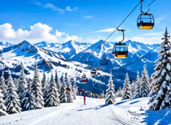A gondola above snowy slopes and frosted pine trees.