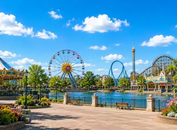 A Ferris wheel, roller coasters and a carousel beside a lake at a theme park.