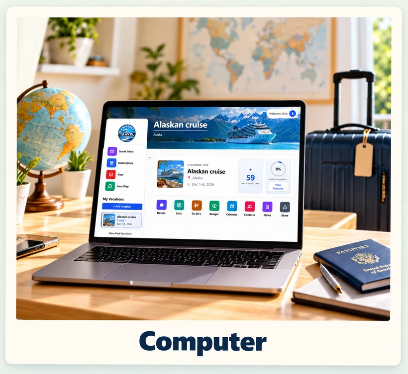 A laptop on a desk beside a globe, suitcase and passport, showing the Lafferty Travel app with an Alaskan cruise vacation.