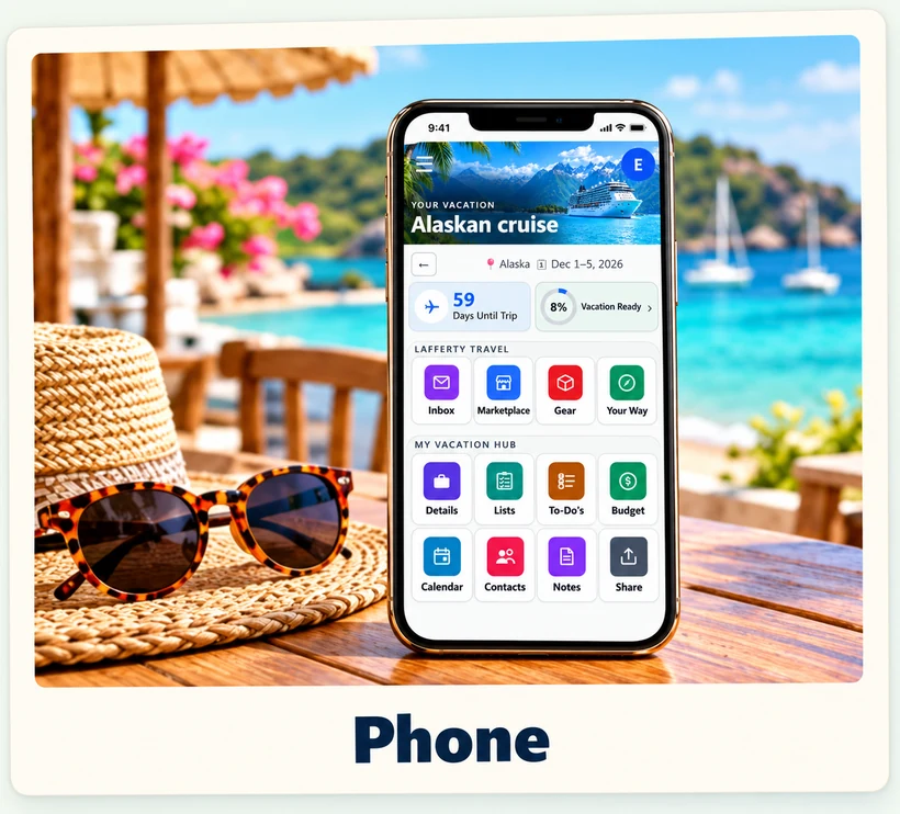 A phone on a café table by the sea, next to a straw hat and sunglasses, showing the Lafferty Travel app with an Alaskan cruise vacation.