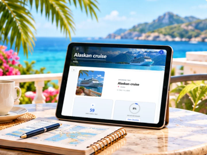 A tablet on a terrace table overlooking a bay, showing the Lafferty Travel app with an Alaskan cruise vacation.