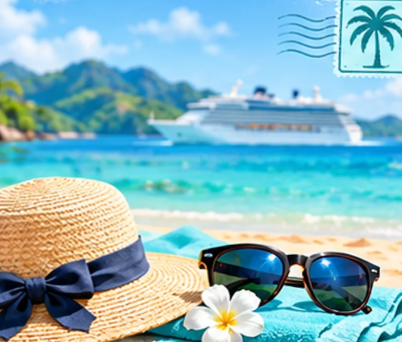 A straw hat, sunglasses and a flower on a beach towel, with a cruise ship offshore.