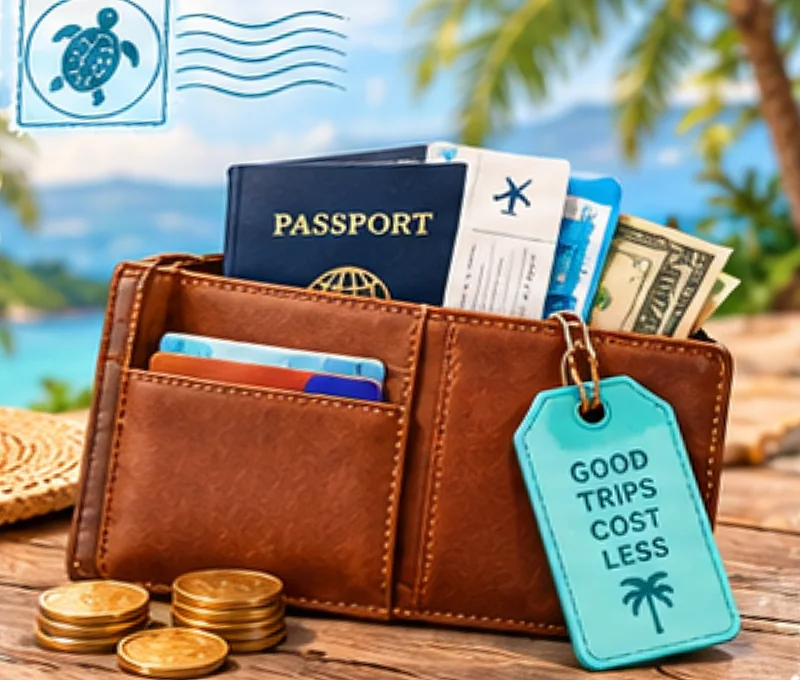 A wallet holding a passport, boarding pass and cash, with a tag reading Good Trips Cost Less.