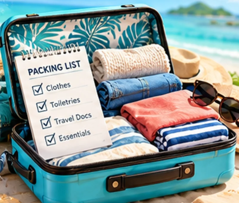An open suitcase with a packing list, folded clothes and sunglasses on a beach.