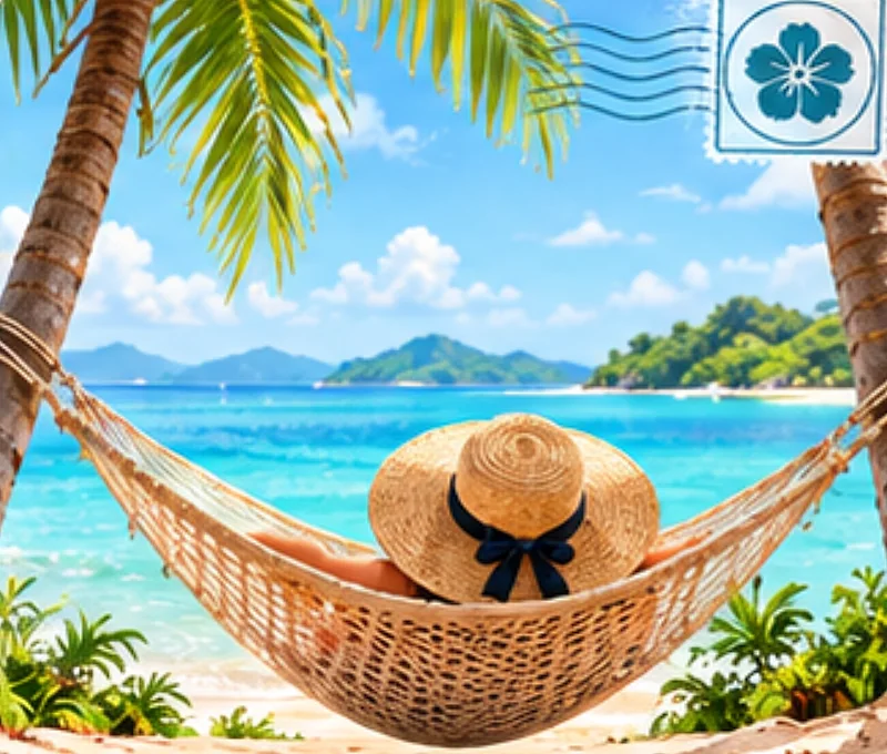 A traveler in a sun hat relaxing in a hammock between palm trees by the sea.