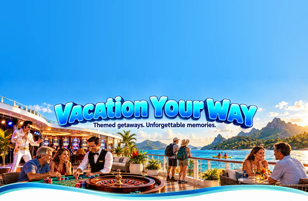 A cruise ship deck at sunset: an Elvis performer on stage beside a casino with slot machines and a roulette table, two hikers at the rail looking out at kayakers and green islands, and a couple sharing a candlelit table.